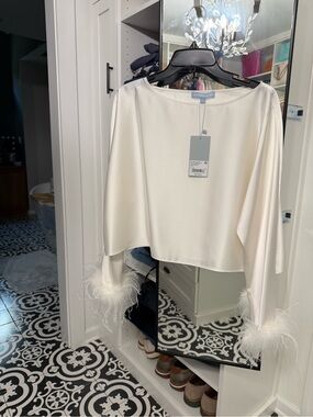 ANTONIO MELANI White Feather-Cuff Satin Blouse